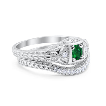 Vintage Style Two Piece Wedding Ring Simulated Green Emerald CZ 925 Sterling Silver